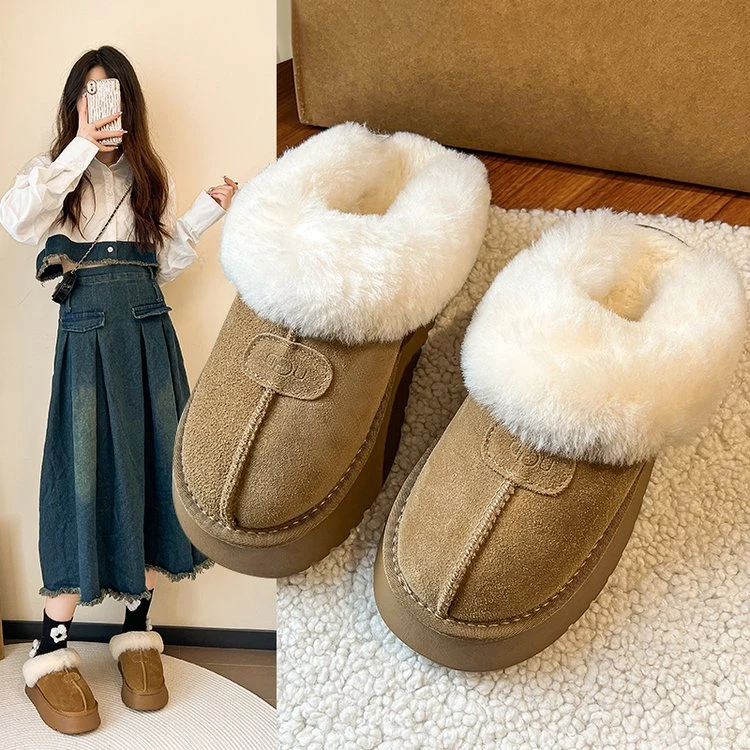 毛毛厚底真皮拖鞋女2023冬季新款皮毛一体外穿增高包头加绒雪地拖
