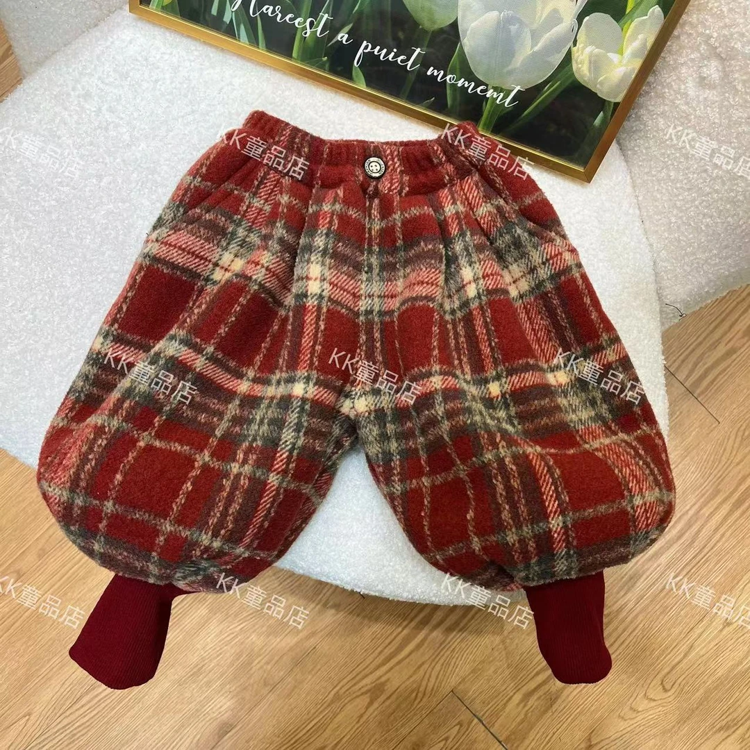 【KK童品店】韩版儿童加绒加厚百搭小童红色格子裤