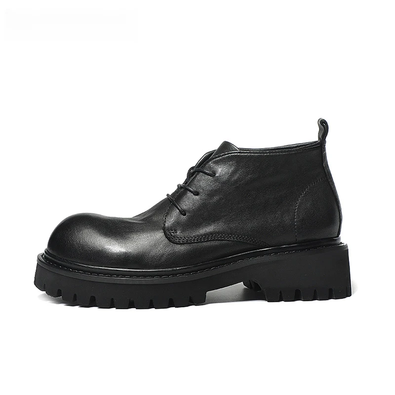 水洗牛皮马丁靴男款工装靴真牛皮男士短靴厚底大头德比鞋秋冬