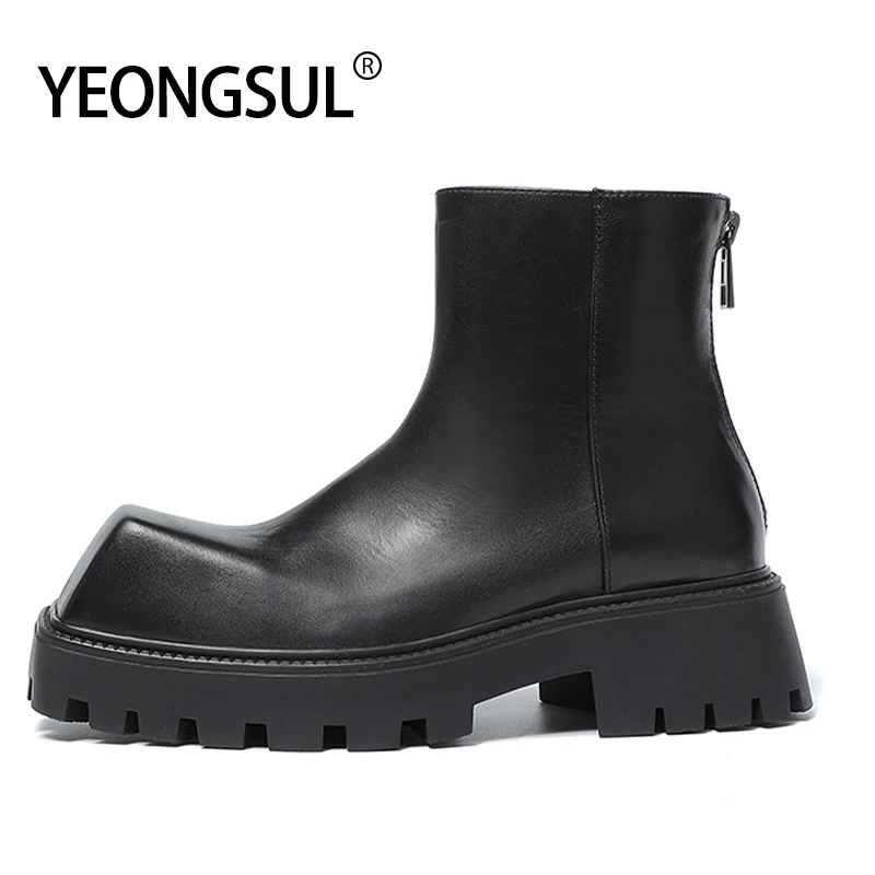 AAA级软牛皮方头6CM切尔西靴男工装马丁靴黑色机车德比靴高帮男鞋