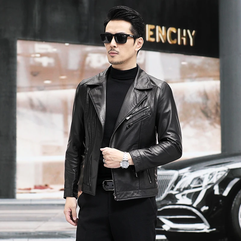 海宁真皮男装头层牛皮皮衣西装领修身机车款薄款皮夹克潮流休闲帅