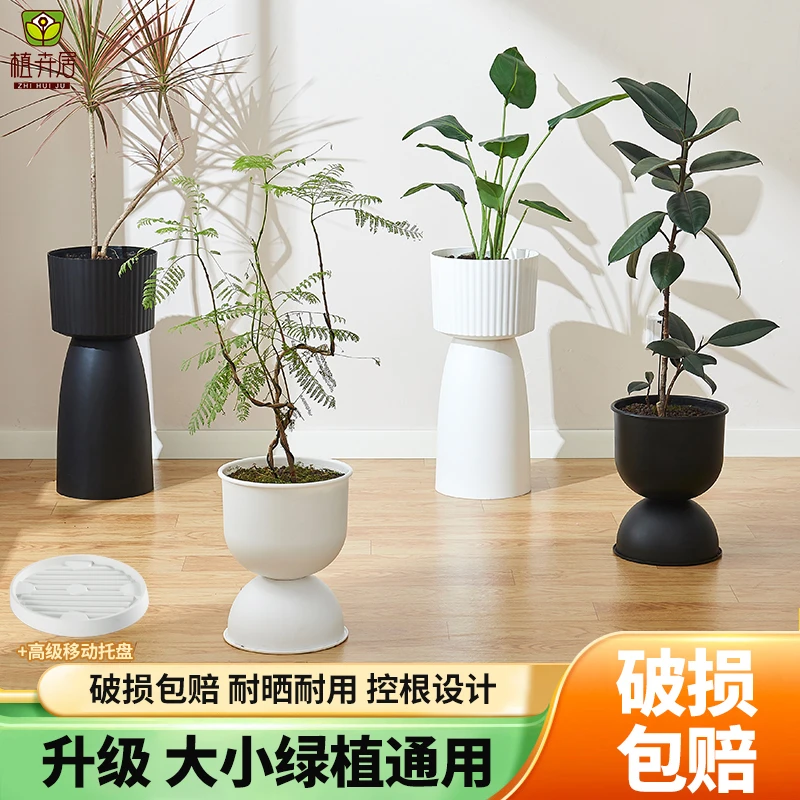 北欧风现代新款简约仿陶瓷矮脚花盆黑白极简客厅阳台创意绿植花盆
