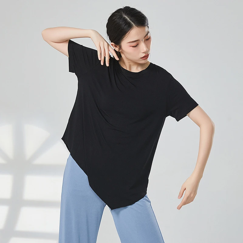现代舞练功服女宽松舞蹈上衣短袖莫代尔下摆斜角圆领大码休闲夏季