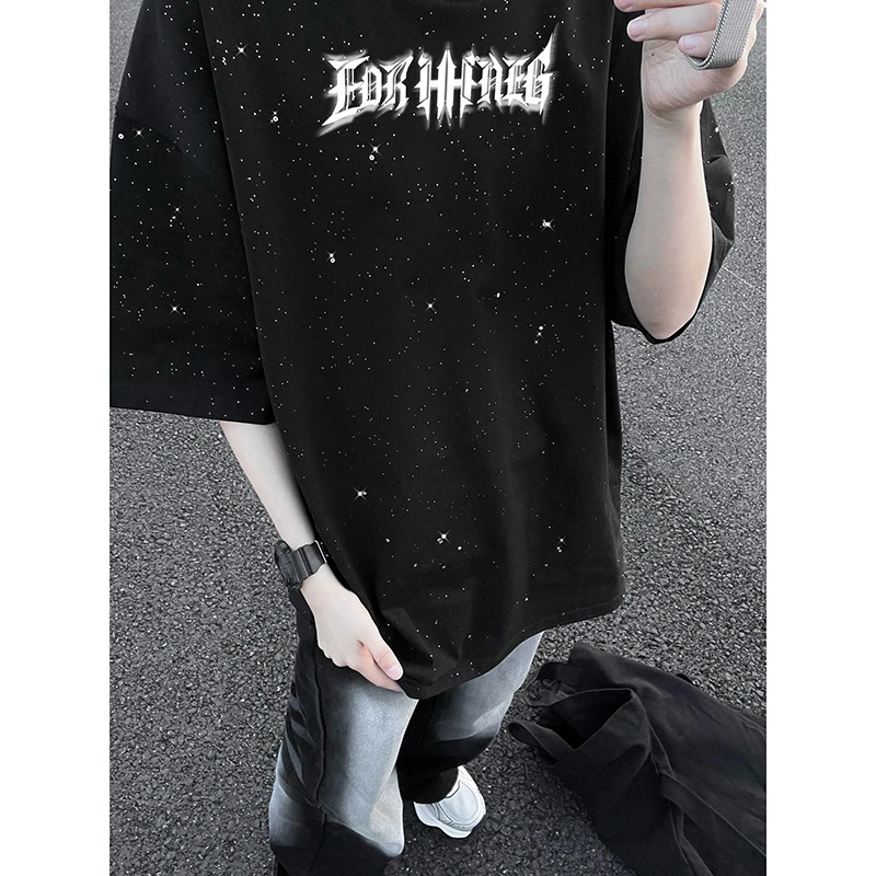 满天星320g重磅t恤潮牌痞帅炸街男美式高街短袖亮闪闪设计感半袖