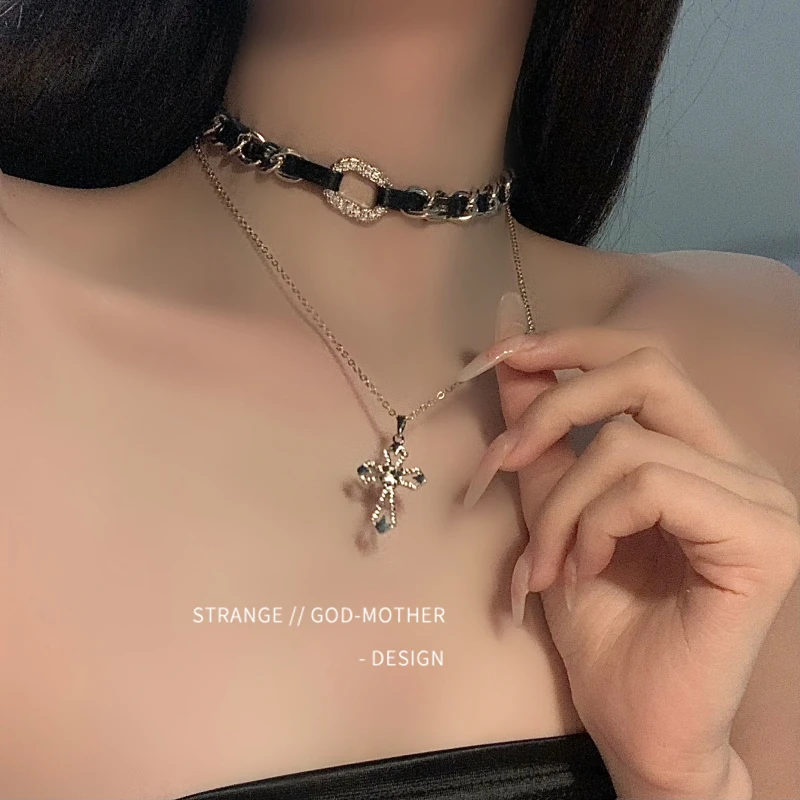 铜合金玻璃项链 双层叠戴项链女轻奢小众高级感辣妹项圈毛衣链潮