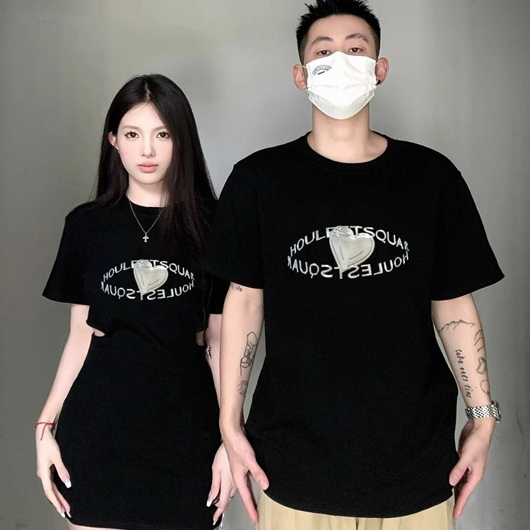 情侣装夏季小众设计感韩版爱心男短袖T恤露腰连衣裙法式一裙一衣