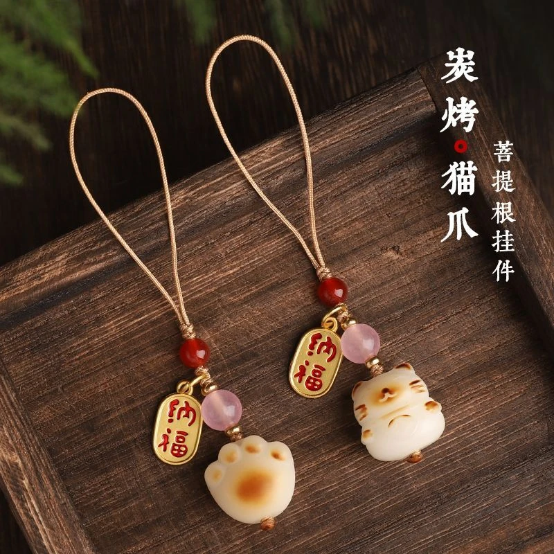 白菩提根炭烧猫爪招财猫手机链挂绳吊坠短款情侣复古古风创意可爱
