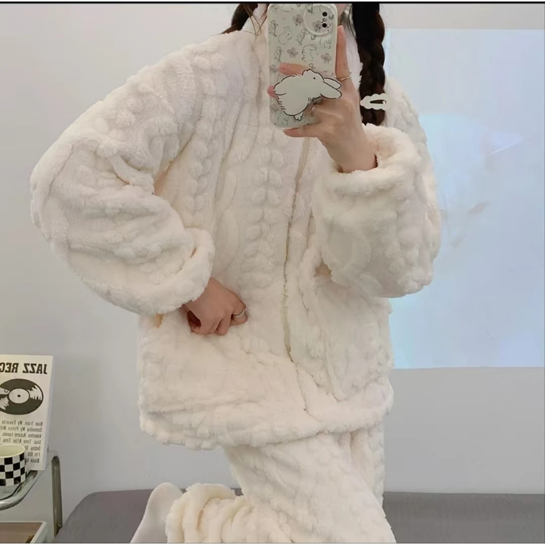 【套装】珊瑚绒保暖冬季宽松甜美女士睡衣家居服拉链套装TZ065