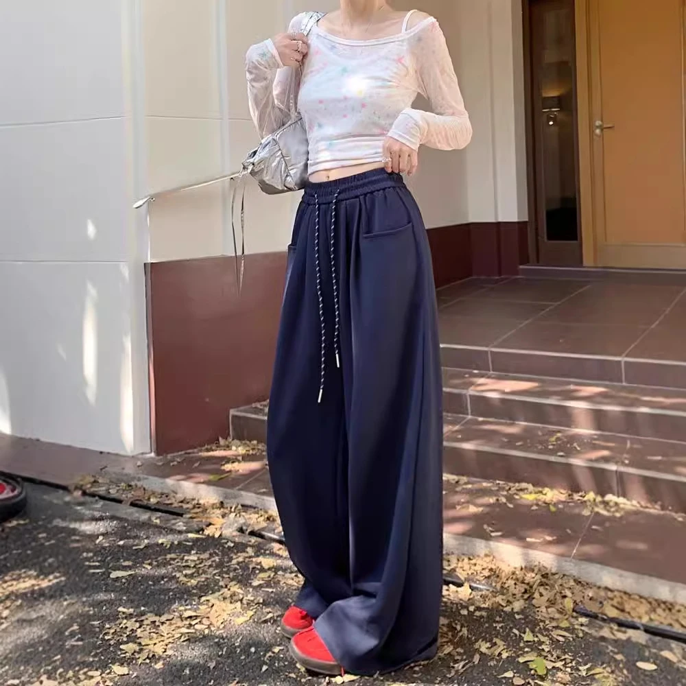 休闲女松紧腰抽绳阔腿裤秋冬季显瘦宽松直筒裤子拖地休闲慵懒卫裤