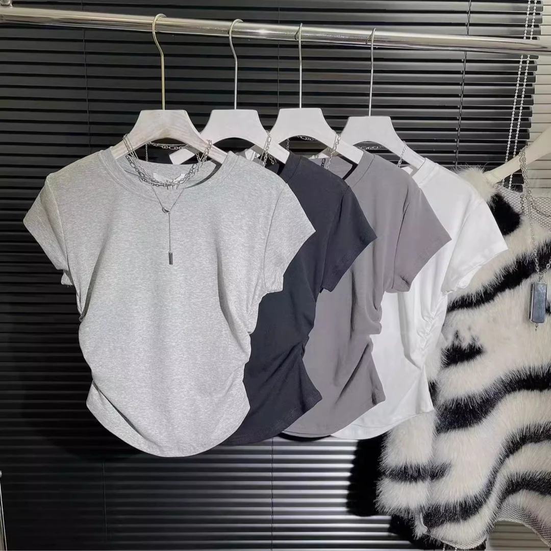 侧边抽褶收腰短袖t恤女夏季纯色圆领百搭短款辣妹上衣