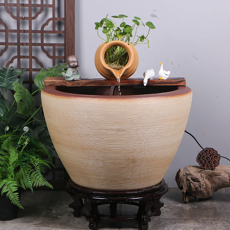 陶瓷大缸古法养鱼缸客厅阳台落地金鱼缸陶罐循环流水造景老式水缸