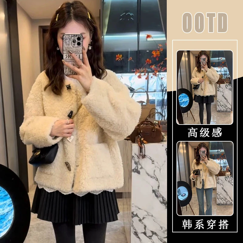 欧货时尚洋气加厚羊羔毛外套女2024秋冬新款洋气显瘦半身裙两件套