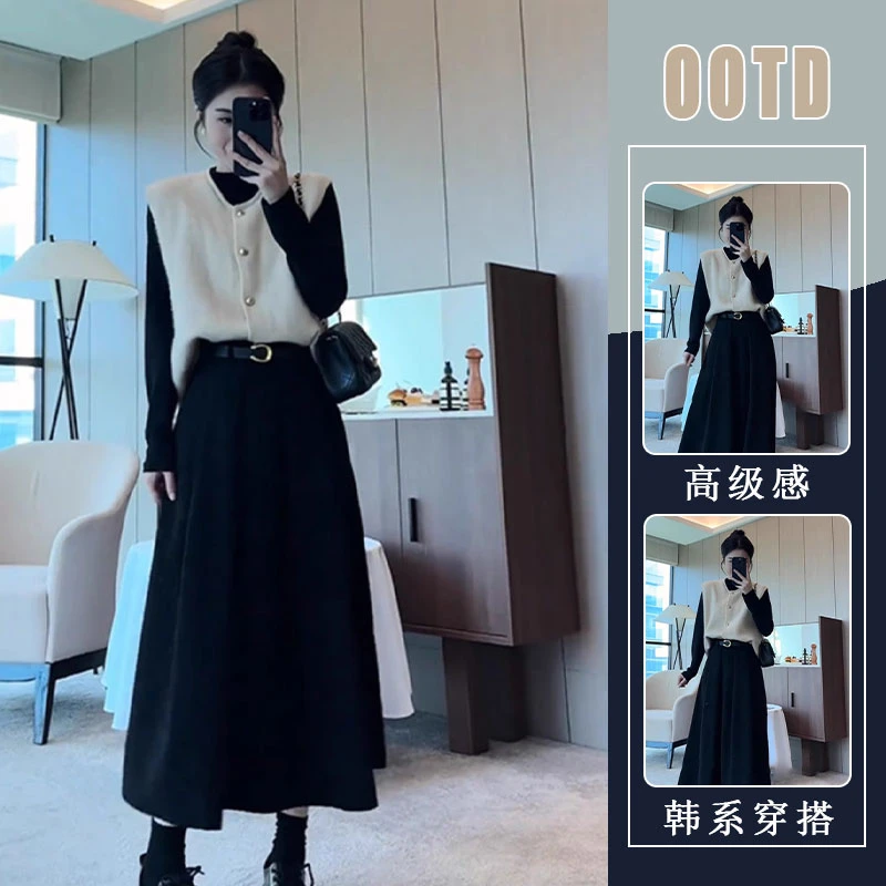 韩系慵懒风休闲套装女2025秋季新款打底上衣针织马甲半身裙三件套