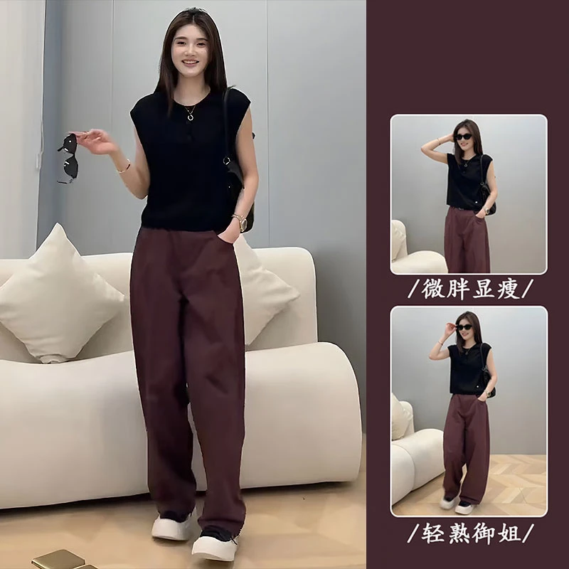 夏装搭配一整套洋气时髦减龄显瘦黑色无袖上衣时尚阔腿裤两件套装