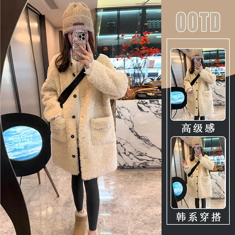 小个子百搭慵懒风中长款羊羔绒外套女2024冬季新款加厚保暖大衣潮