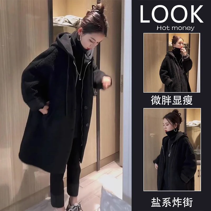 2025冬季独特别致超好看上衣高级感中长款黑色连帽外套女装