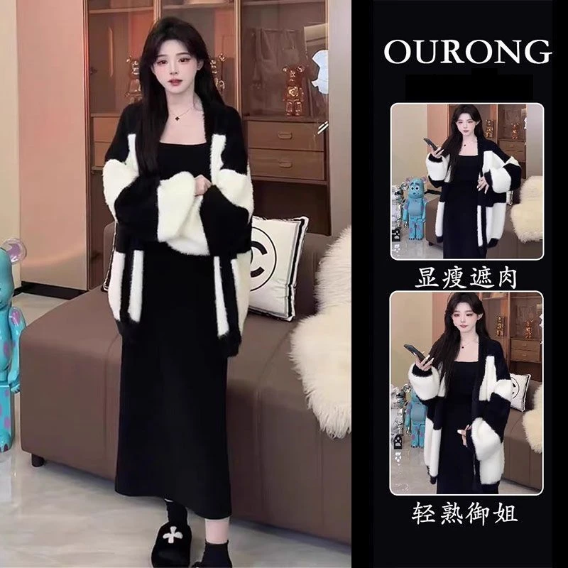 秋装搭配一整套奶系穿搭时尚慵懒风毛衣搭配连衣裙今年流行两件套