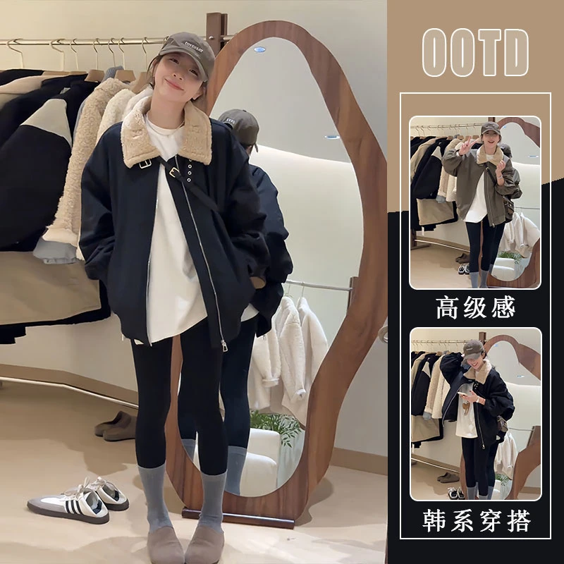 韩版翻领拼接毛领黑色外套女2024冬季新款宽松显瘦夹棉加厚派克服