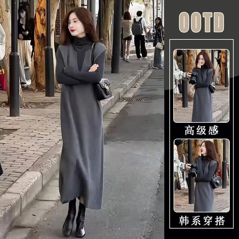 秋季气场强大名媛气质女神范高级感韩系小香风灰色背心连衣裙套装