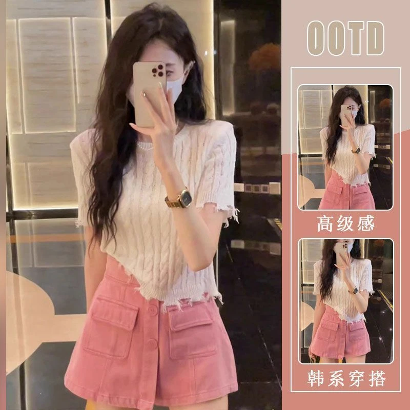 小个子可盐可甜两件套夏季流苏毛边短袖针织衫高腰A字裙裤套装女