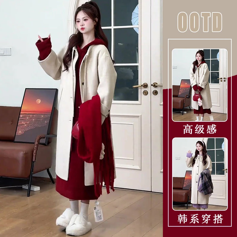 韩系搭配一整套冬装气质毛呢外套中长款毛衣裙今年流行的时尚套装