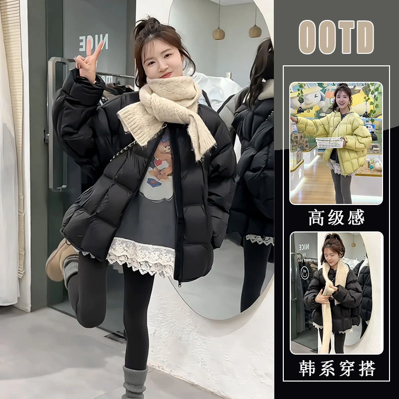 黑色圆领设计感方块棉服女冬季2024新款小个子简约加厚保暖外套潮