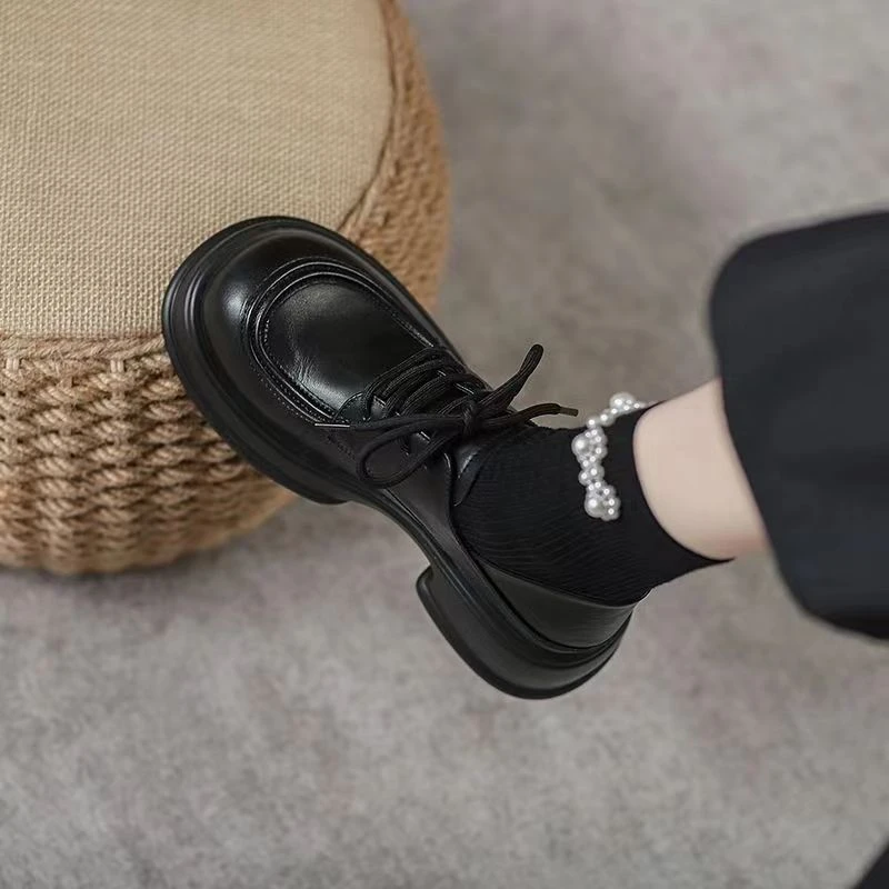 小皮鞋女2025年春秋新款厚底高跟英伦风单鞋黑色系带百搭jk乐福鞋