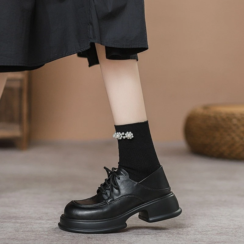 厚底乐福鞋女2024新款松糕系带增高JK学院英伦风小皮鞋女单鞋