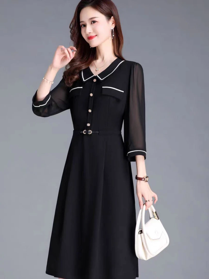 【V1553】娃娃领职业连衣裙女新款春季修身气质拼接设计感小众裙子