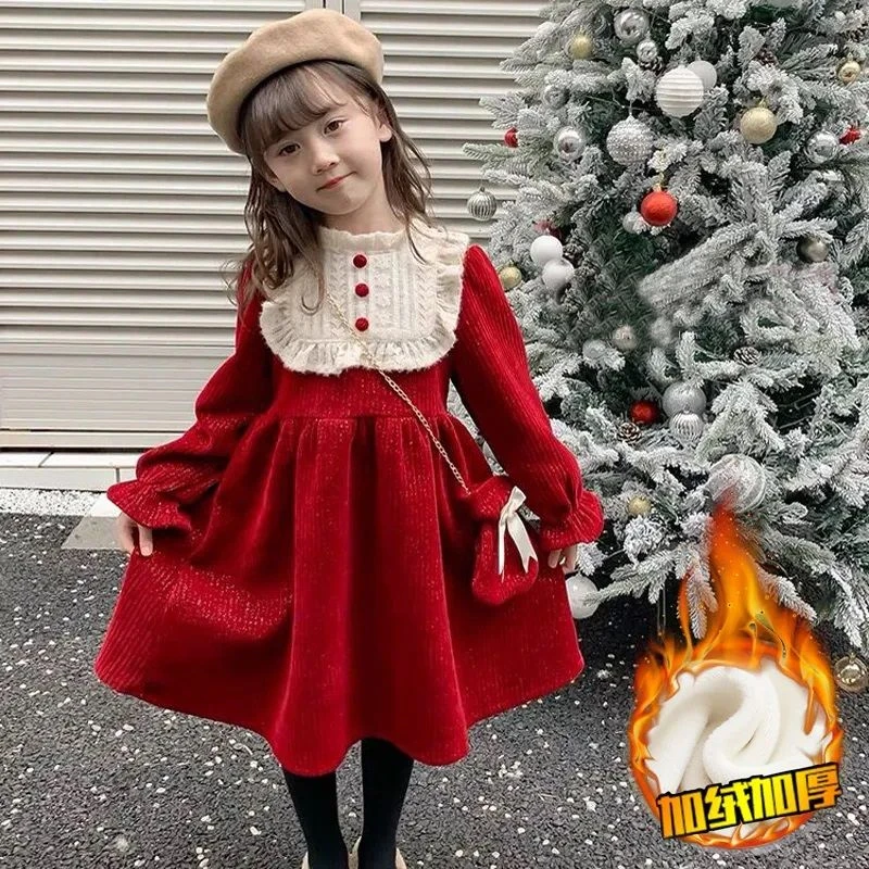 麦兜姐姐女童加绒连衣裙冬季2023新款女洋气公主裙宝宝儿童拜年服