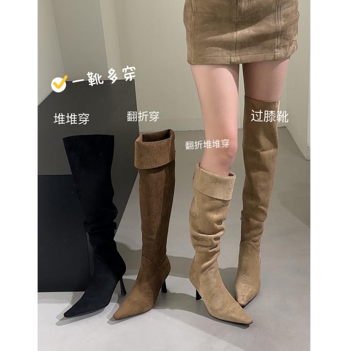 显腿瘦的尖头堆堆靴！2024新款卡其色细跟过膝长靴翻折两穿靴子女