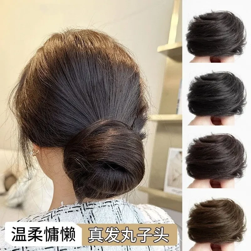 黑色棕色慵懒柔顺扁头女生短发蓬耐用全真发假发丸子头发圈