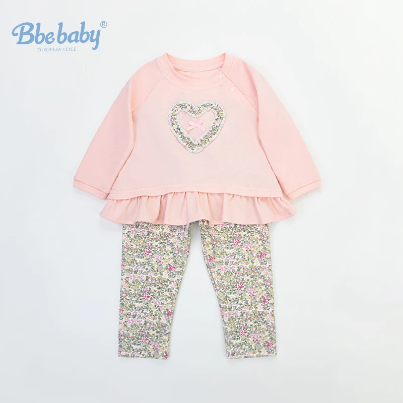 Bbebaby秋冬新品粉色爱心长袖套装 女宝甜美洋气春秋套装-L091