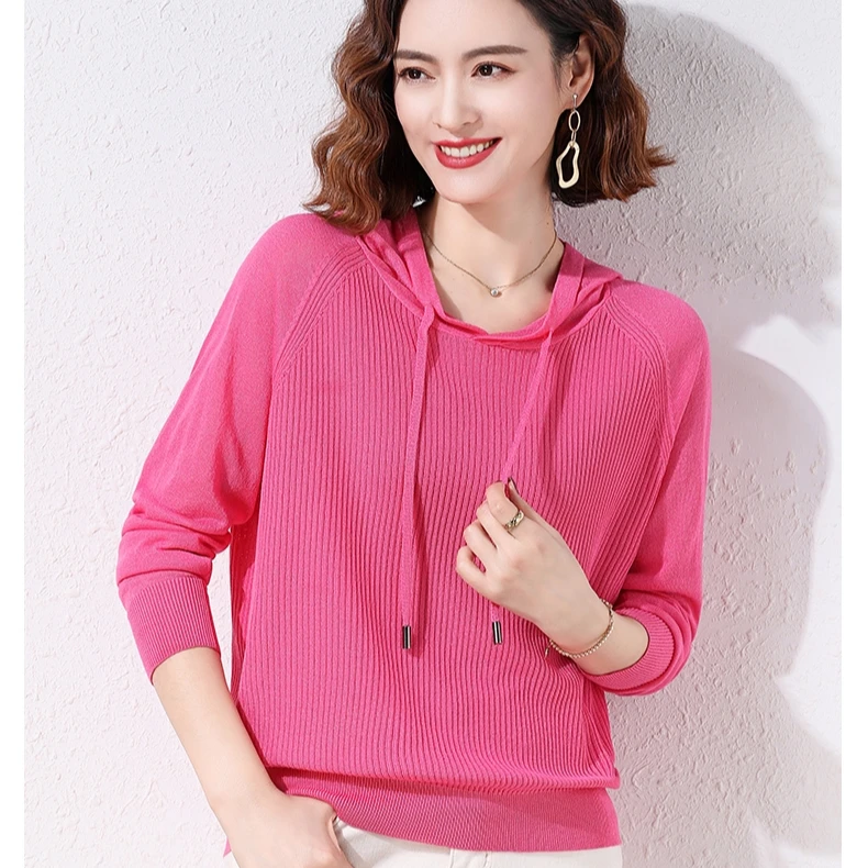 夏季薄款连帽长袖针织衫套头宽松春秋休闲百搭时尚洋气纯色上衣女