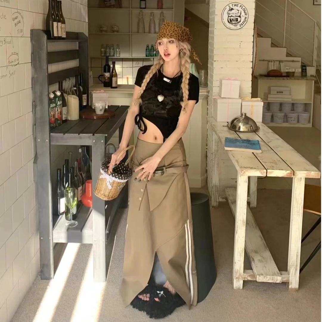 LIU 小众设计款条纹开叉腰封半身裙