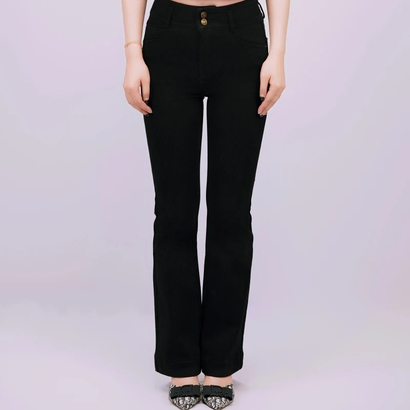 Cruel finery 新款时尚加绒高腰弹力修身显瘦百搭微喇牛仔裤黑+蓝