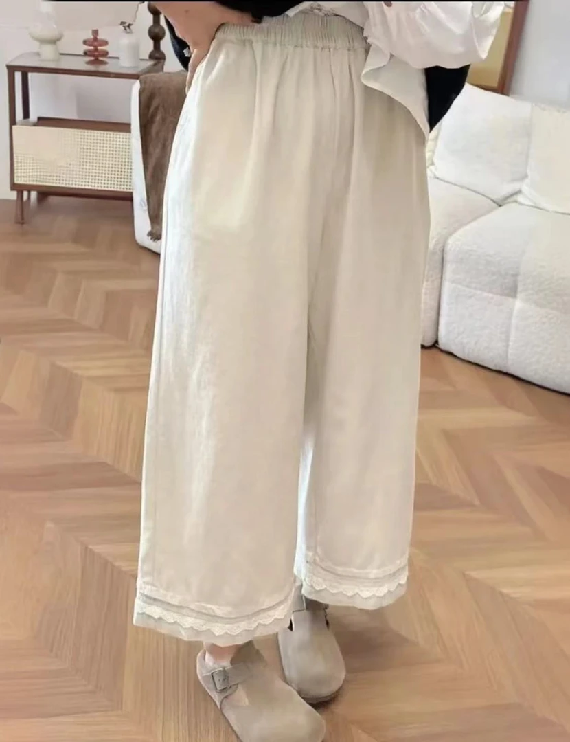 【蕾丝花边裤】七月推荐 秋冬款宽松韩系松紧腰纯色裤子 带口袋