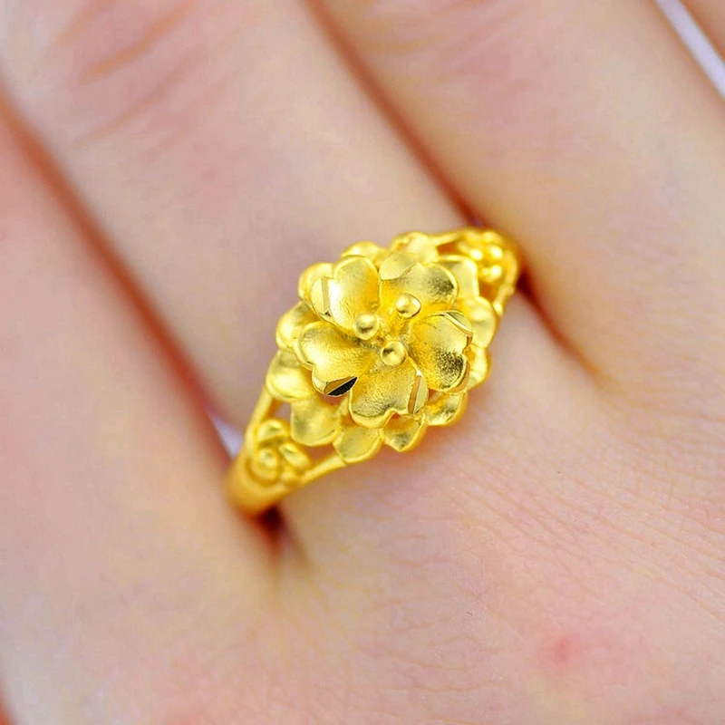 正品北欧金玫瑰花可调节戒指新娘黄金色久不掉色女高级