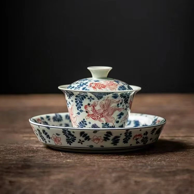复古青花盖碗鱼藻纹三才陶瓷高档茶具青花釉里红盖碗泡茶碗带壶承