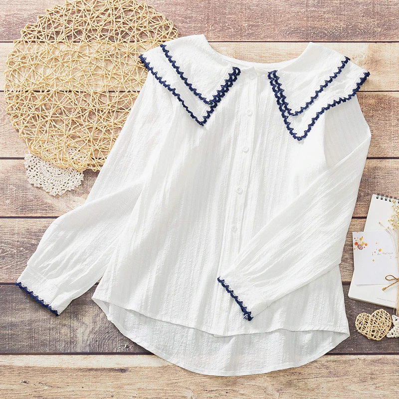 小清新白衬衫女春秋装学院风减龄长袖上衣双层娃娃领纯棉打底衬衣