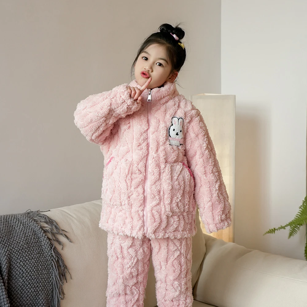 儿童睡衣冬季三层夹棉加厚家居服加绒法兰绒女童珊瑚绒大童套装