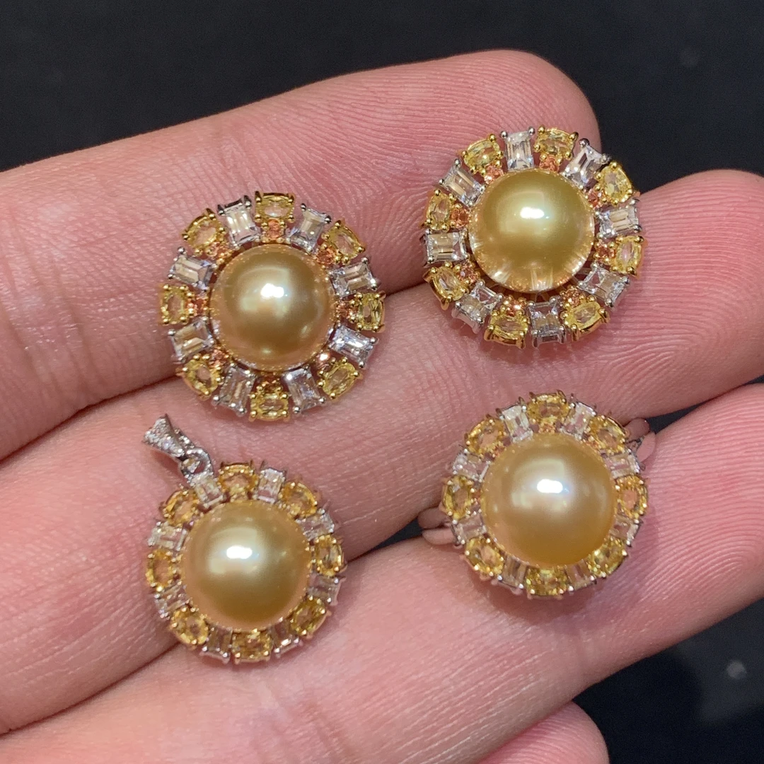 10mm金色海水珍珠戒指-耳钉-吊坠