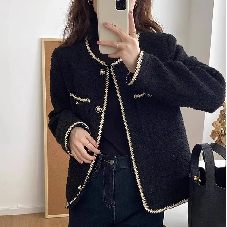 大码胖mm黑色小香风外套女春秋冬季2025新款小个子高级感短款上衣