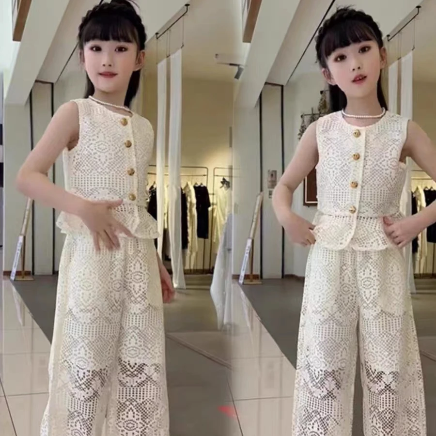 女童夏季蕾丝钩花套装拼接镂空无袖上衣松紧高腰阔腿裤休闲两件套