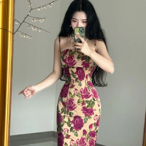 画报夫人原创自制重工夏天纯欲玫瑰花吊带裙情人玫瑰