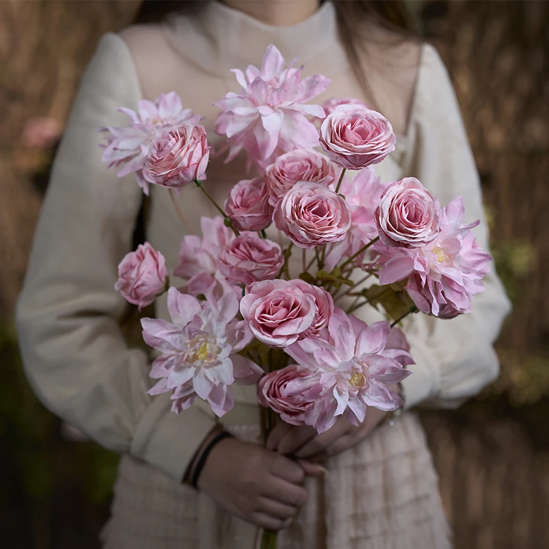 【仙女粉】花束玫瑰牡丹仿真花家居软家装饰客厅卧室书房（散装发货）