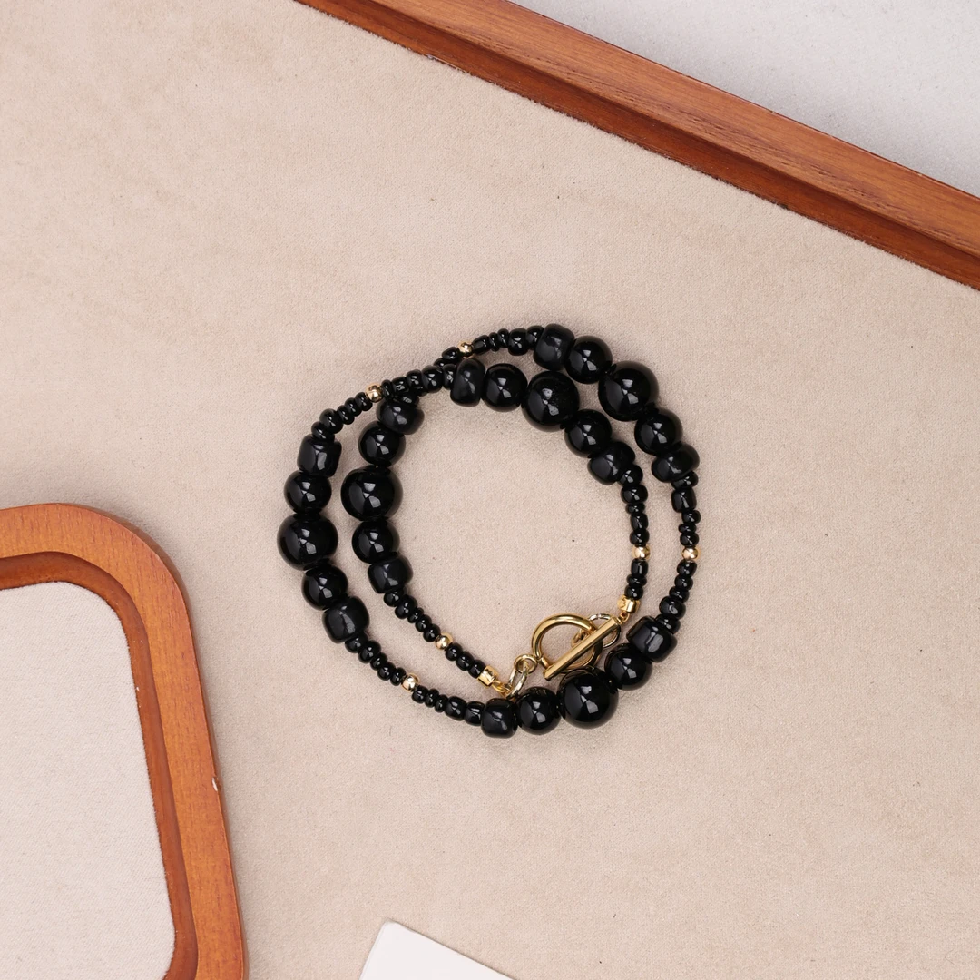 合金手链 玉楼东合金手链 LZ1381-1 黑色小米珠双层手链琉璃手串