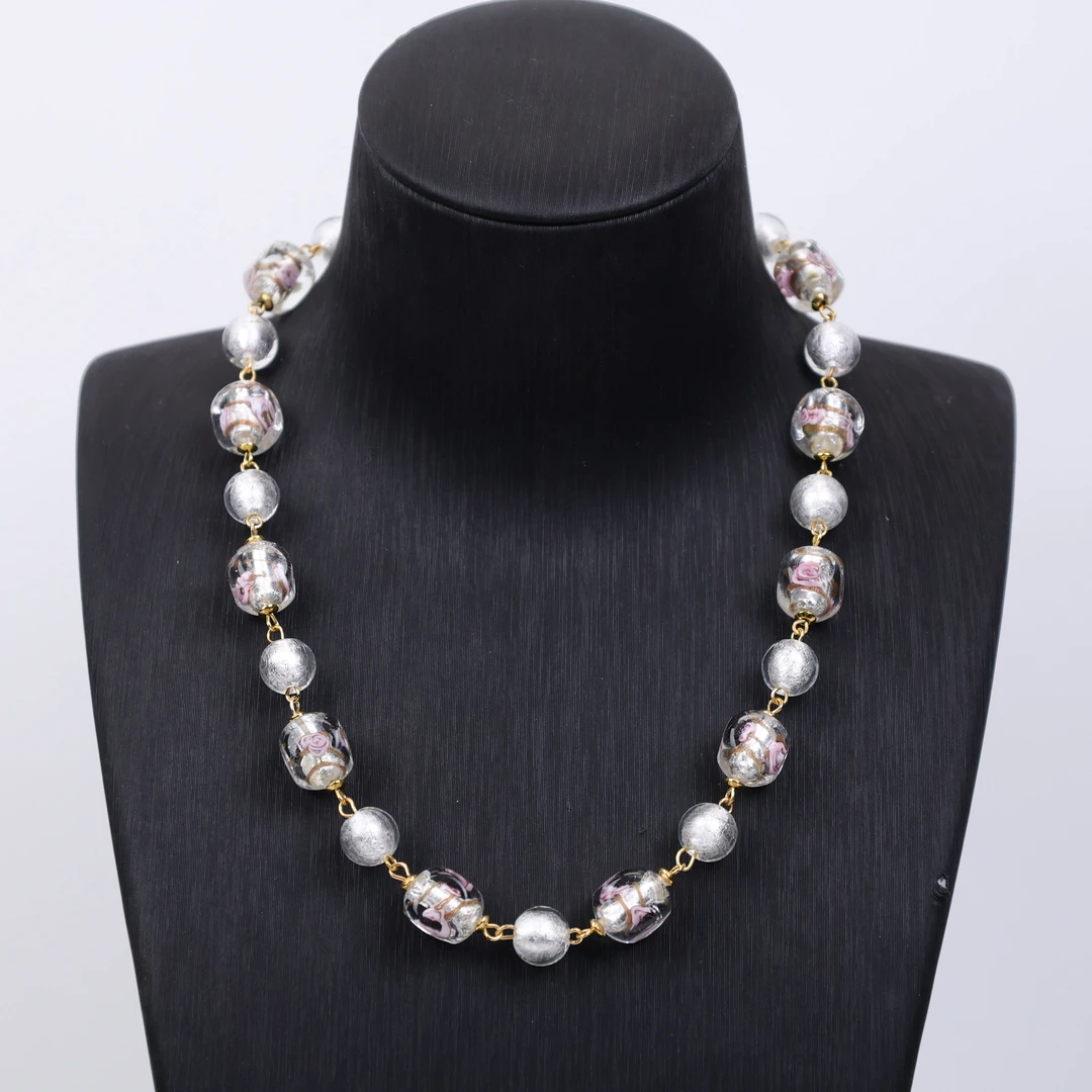 合金项链 玉楼东合金项链 LZ1683 冰透玫瑰花白色银箔九针款琉璃