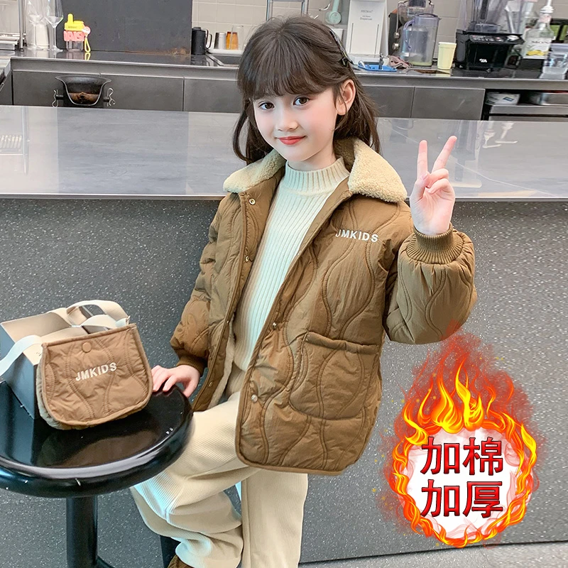 2024女童加绒加厚保暖夹棉外套新款秋冬儿童棉服防水洋气冬装棉衣