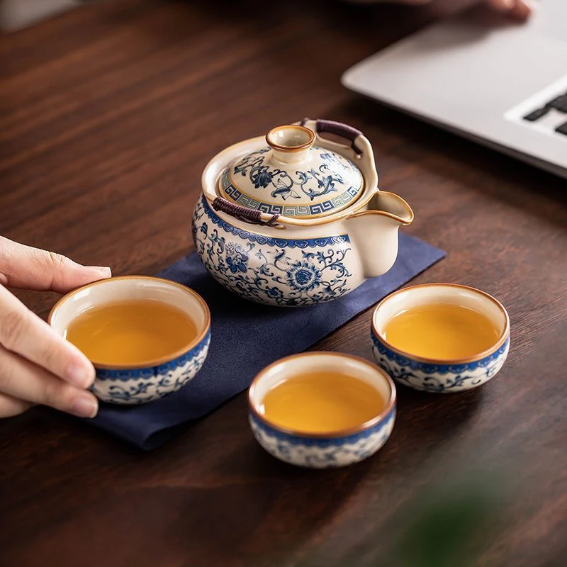 旅行茶具套装繁花绑绳手抓三杯 A26